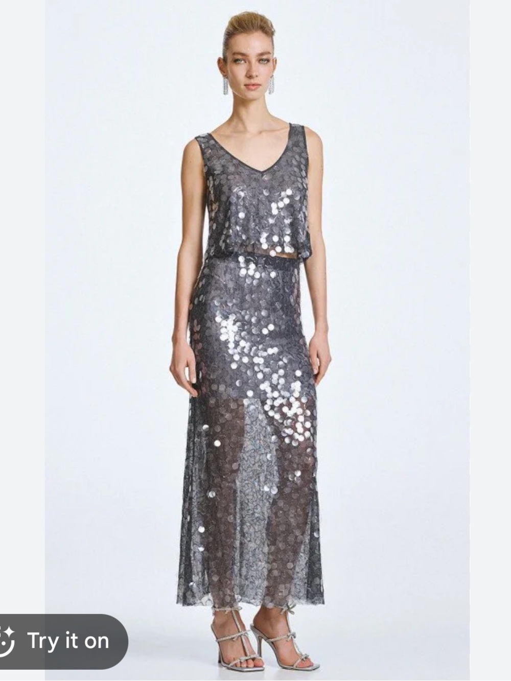 NWT Bianca 2 Piece Set Rio Tank Rio Midi Skirt Sequin Sheer Silver Size XS / S